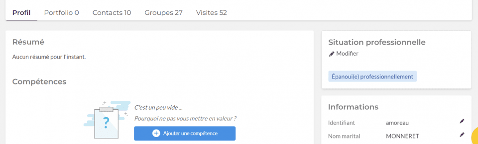 Page profil d'un membre du réseau Alumni
